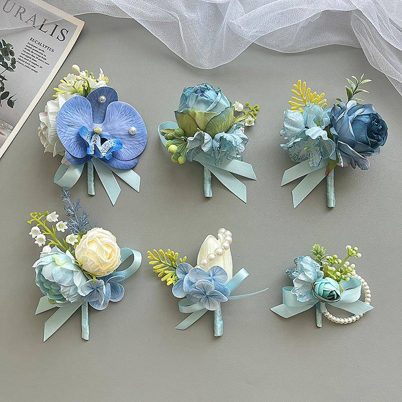 原创清澈蓝系列蝴蝶兰清新森系婚礼新郎新娘胸花伴娘姐妹团手腕花