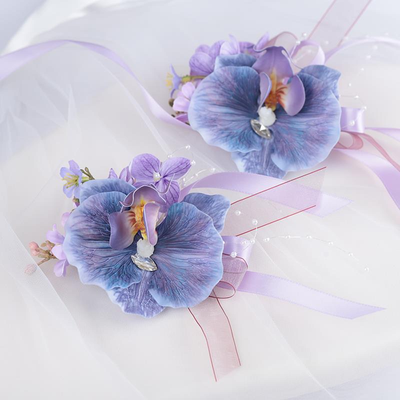 梦幻紫色新娘手腕花伴娘姐妹团手花仿真波浪蝴蝶兰唯美结婚礼胸花
