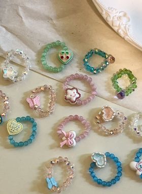 ins可爱串珠花朵亚克力彩色多巴胺米珠弹力甜美指环戒指