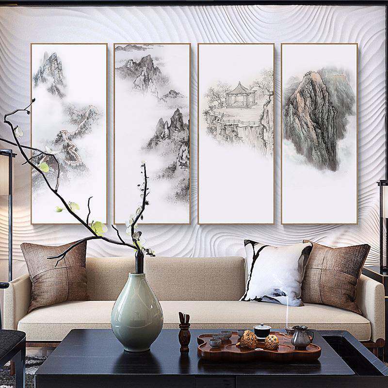 水墨城挂画客装饰画玄关竖厅版办室背景新中slh26长式茶室民宿墙