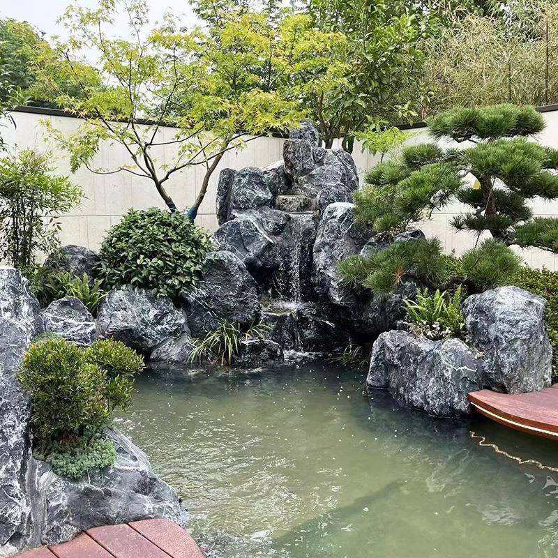 矿庭山山石院鱼池假山黑20199制然作天原石河道护坡园林点缀造景