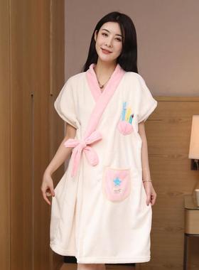 严选珊瑚绒可浴巾SZO穿厚柔软吸水交叉绑可带女生款卡通爱风浴加
