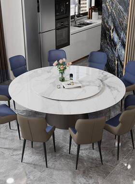 轻奢岩餐桌椅组合A006电动1米.8板圆桌户型家用2米内嵌圆形桌带小