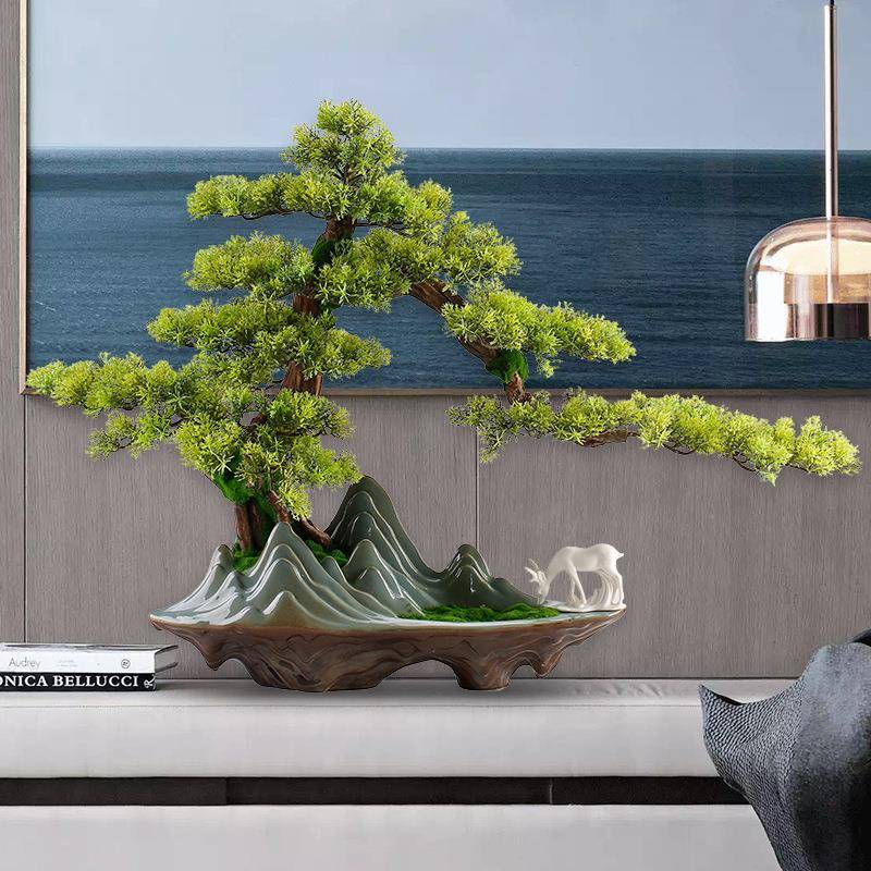仿真迎客崖ASI柏公盆景摆件创意客办室松玄关景观盆栽装厅饰绿植