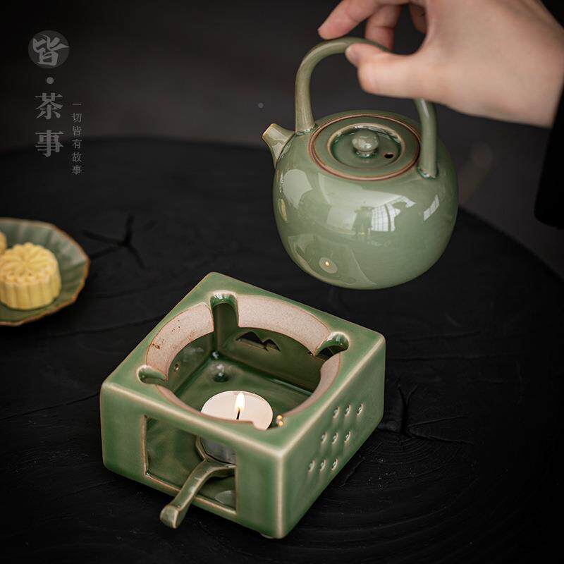 器越窑古青瓷蜡烛炉温茶壶整套泡茶温茶复暖茶炉wclz-023茶提梁温