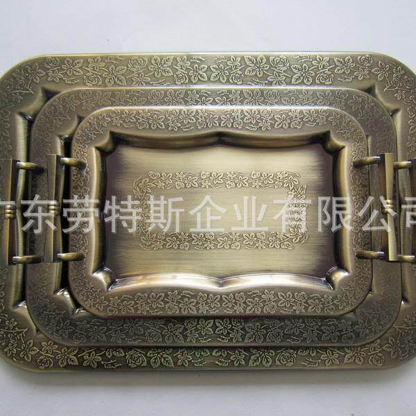 特斯出口压边红劳古铜色托盘欧式复古不锈钢方盘serEPGvping花lat
