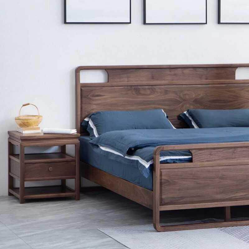 新中RME式黑胡桃卧木酒店民宿主1.8美米双人床大床全实木北床头柜