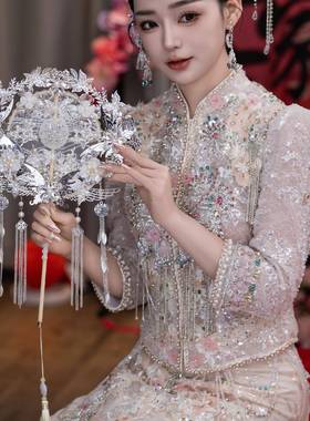 红色蕾1丝新娘结秀禾服新婚中式双成面SRO品遮面金色成品喜扇团扇