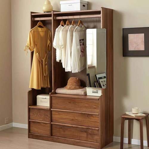 美木黑胡桃带穿衣镜TSK衣帽架室玄关斗柜家用床北尾柜一体卧落地
