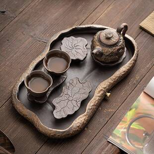 HLK金铁盘荷釉塘干泡盘日式复古粗陶大号茶储水排水茶台鎏家用托