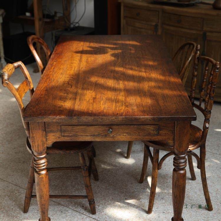 法式式妮餐桌实木木无品牌/中古风复古做旧桌子梅拉德色美莫卡橡