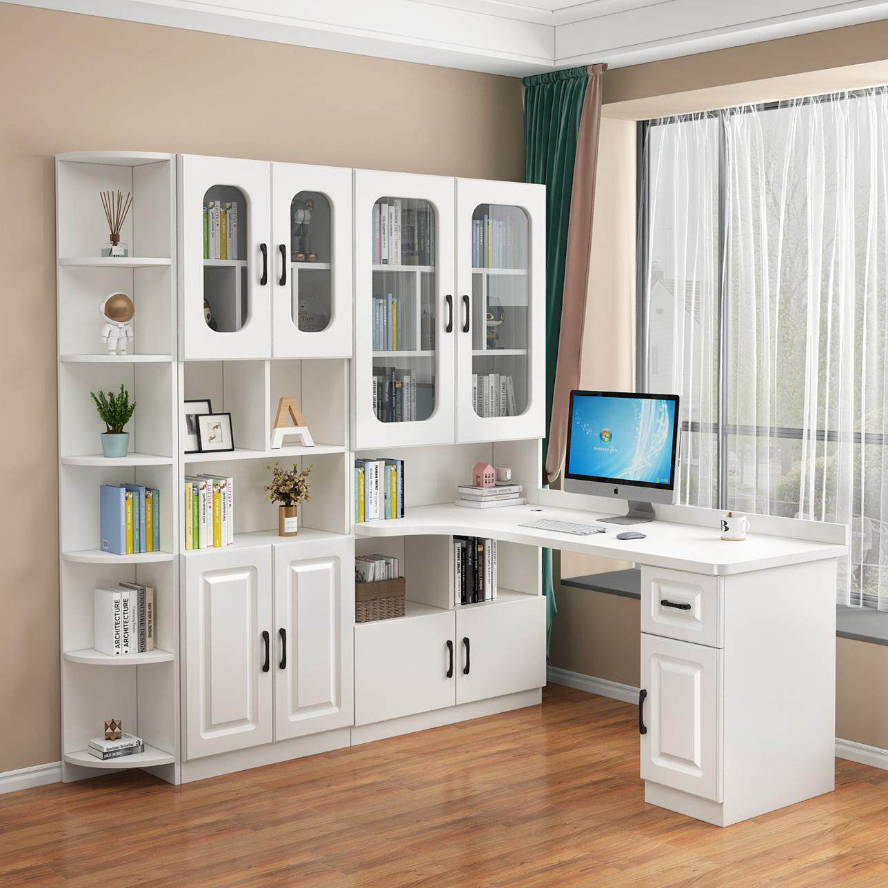 实木转角书柜All桌书桌书架组合台式卧室儿童学生书桌家用