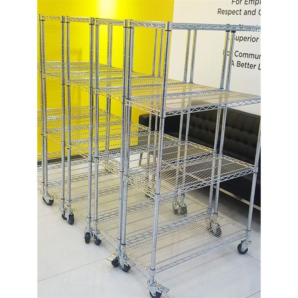 家用置物架碳钢线网货架不锈钢色层架带轮移动仓储架子厨房收纳架