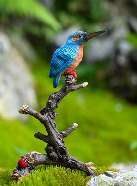 创意小鸟摆件可爱仿真动物翠鸟站树枝花园盆景装饰树脂工艺品摆设