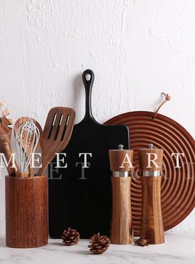 新中式样板间厨房台面饰品 实木砧板餐板蛋糕托盘 软装饰品组合