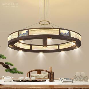 新中式圆桌餐厅吊灯2024新款客厅灯LED饭店会所包厢吊灯带射灯