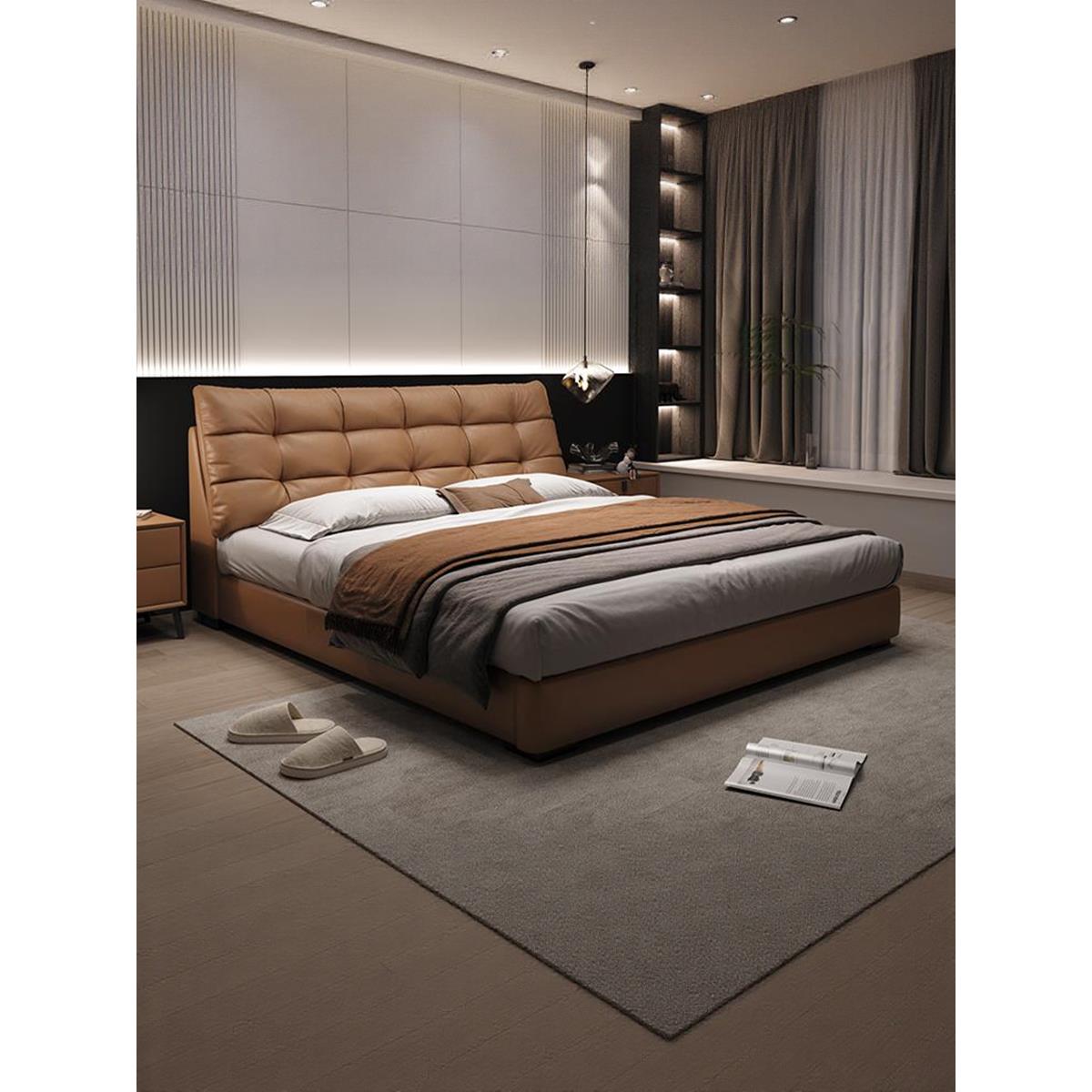 慕邦卡瑞 皮床主次卧黑色真皮床储物高箱结婚床双人床1.8米软包床