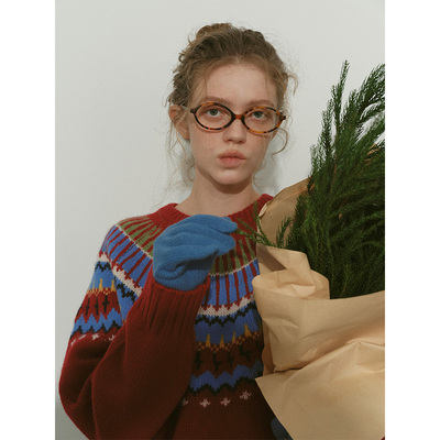 法式复古费尔岛提花圆领毛衣女冬