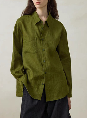 法式高级感绿色亚麻衬衫女春秋老钱风慵懒气质长袖衬衣超好看上衣