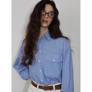 美式复古蓝色衬衫女春秋学院风休闲宽松长袖格子衬衣防晒气质上衣