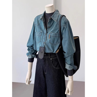 港风复古牛仔衬衫女早春小个子慵懒风宽松长袖衬衣长袖巨好看上衣