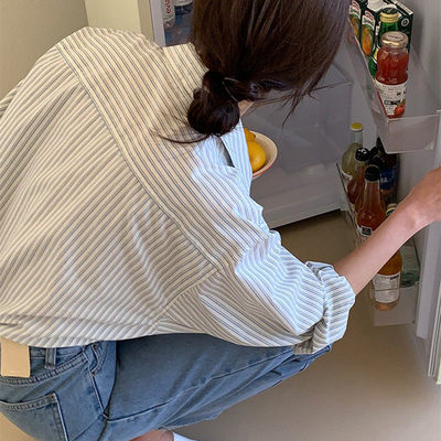 韩国别致条纹翻领衬衫女春夏上衣