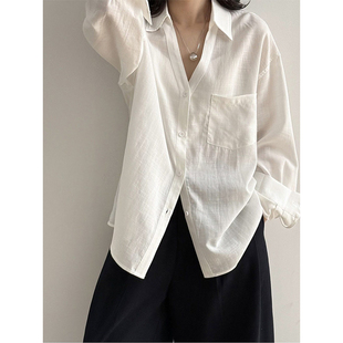 白色天丝亚麻长袖衬衫女春夏慵懒休闲百搭廓形垂感防晒外套上衣薄