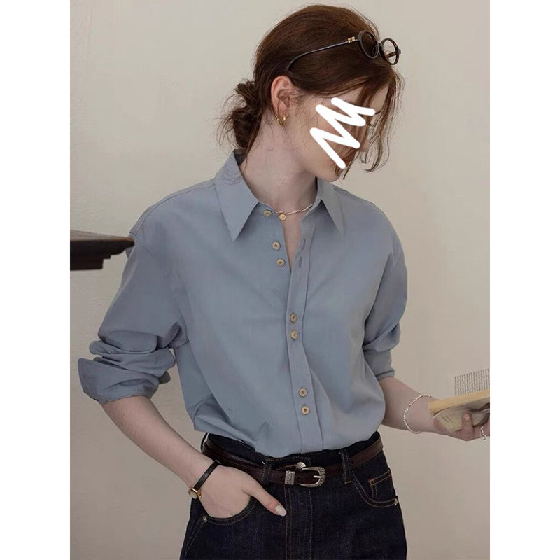 法式温柔蓝色衬衫女春秋高级感休闲宽松后背绣花上衣叠穿通勤衬衣