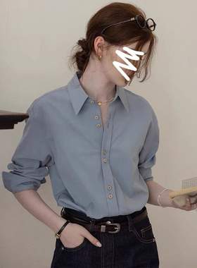 法式温柔蓝色衬衫女春秋高级感休闲宽松后背绣花上衣叠穿通勤衬衣