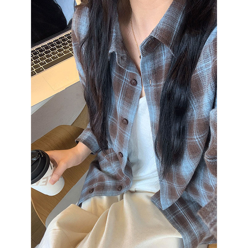 港风蓝色格子衬衫女春夏慵懒风宽松长袖防晒衬衣薄款防晒上衣外套