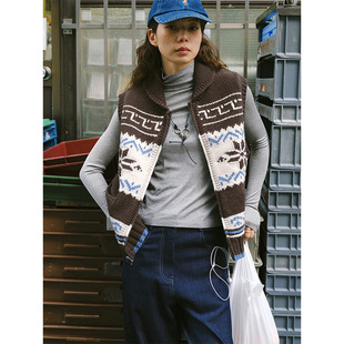 日系费尔岛马甲背心女秋冬氛围感慵懒风叠穿无袖针织开衫独特上衣