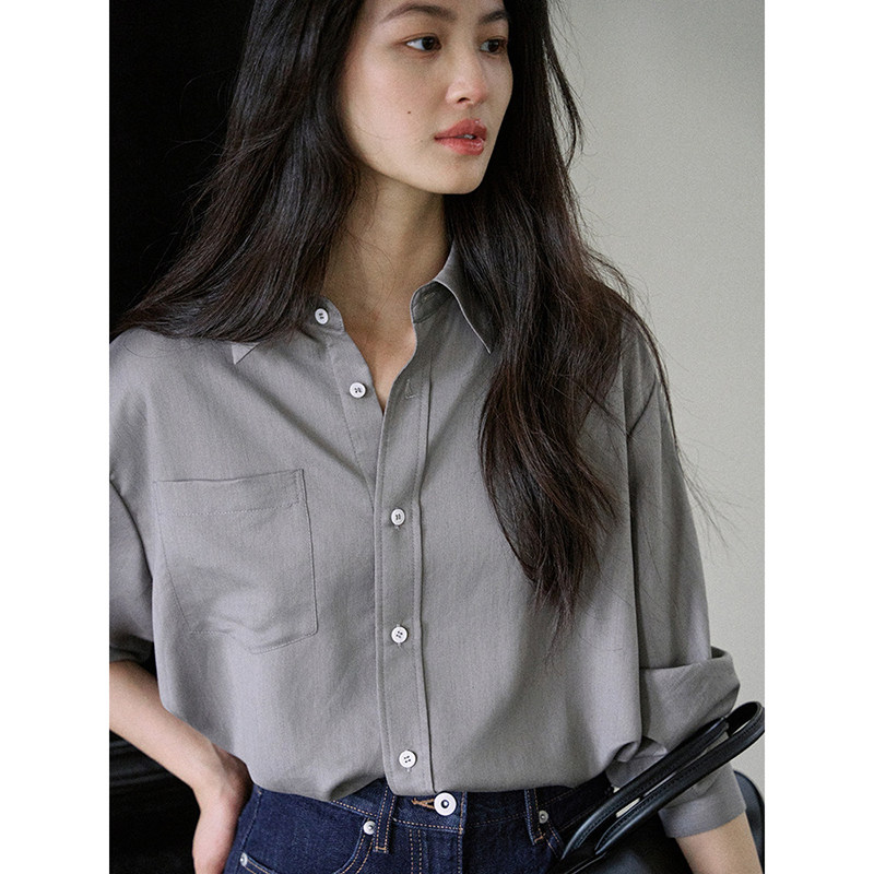 法式休闲垂感灰色衬衫女早春设计感宽松气质系带长袖衬衣防晒上衣