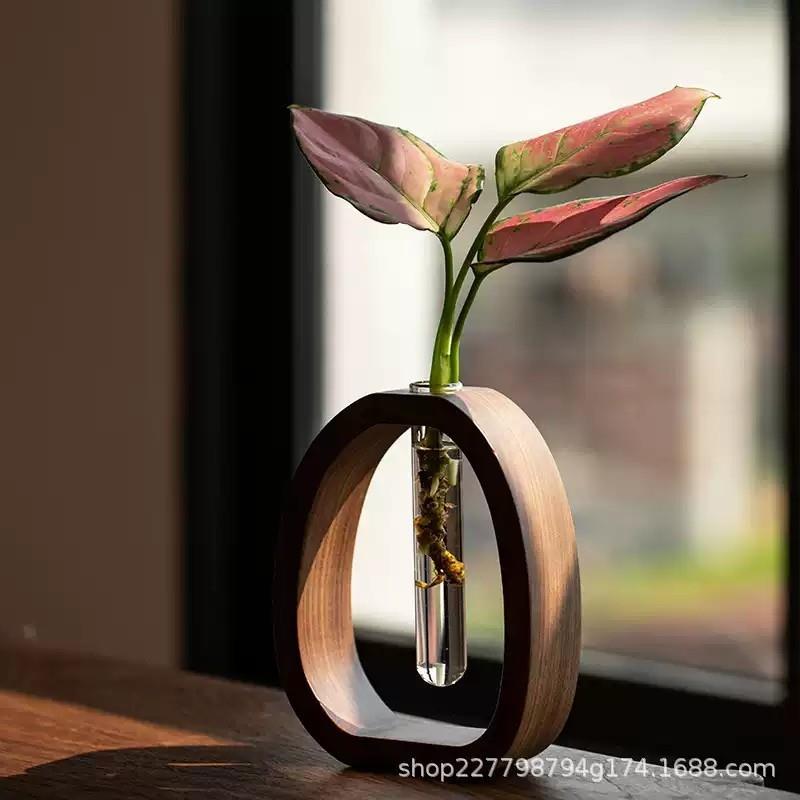 胡桃木实木花器插花摆件玻璃植物迷你水养花瓶家居桌面装饰品艺术