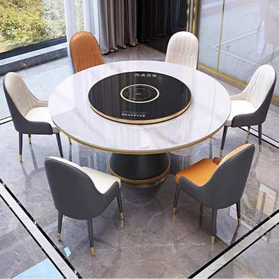 2024款岩板餐桌家用大理石圆桌转盘火锅电磁炉加热保温暖菜板饭桌
