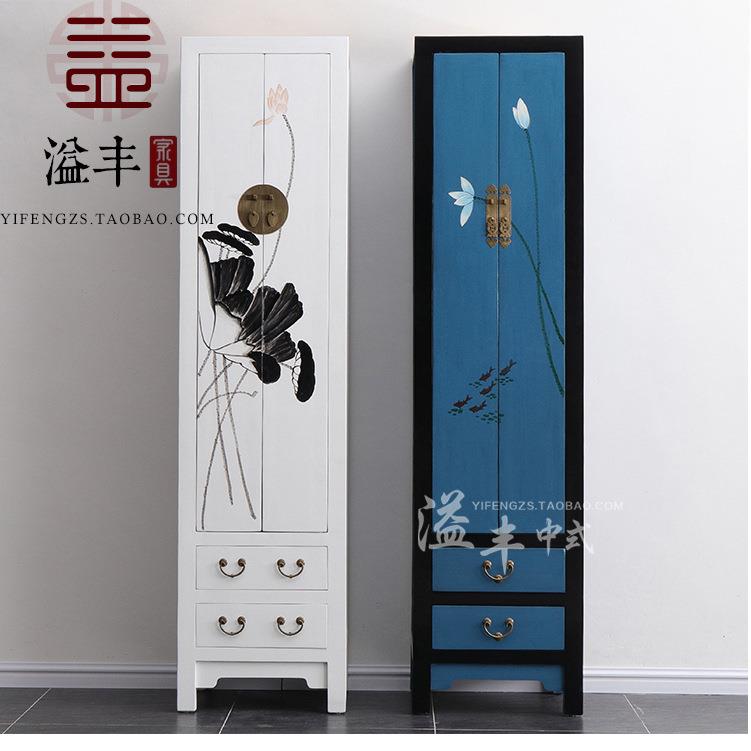 新中式仿古典明清榆木白色山水彩绘书柜/实木储物立柜/门厅柜定制