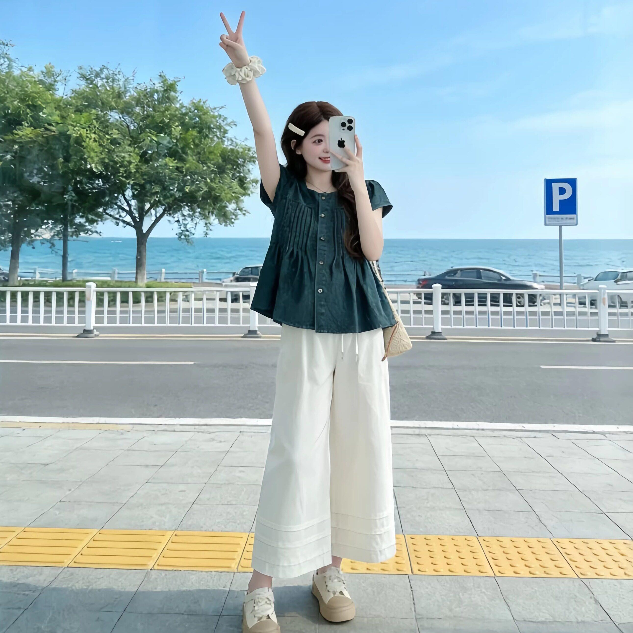 孕妇阔腿裤夏季2026时尚洋派时髦短袖牛仔衬衫上衣阔腿裤子两件套