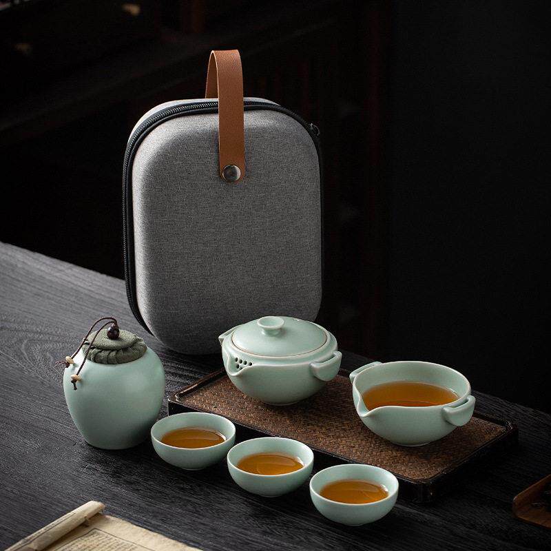 瓷都德化汝窑可携式汝窑旅行茶具小套装简易户外随车手抓泡茶壶
