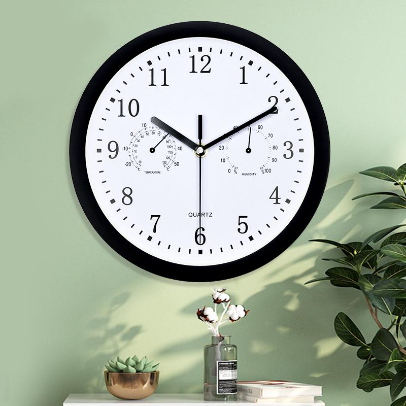 现代客厅家用温度湿度挂钟简约静音石英钟卧室时尚创意免打孔挂表