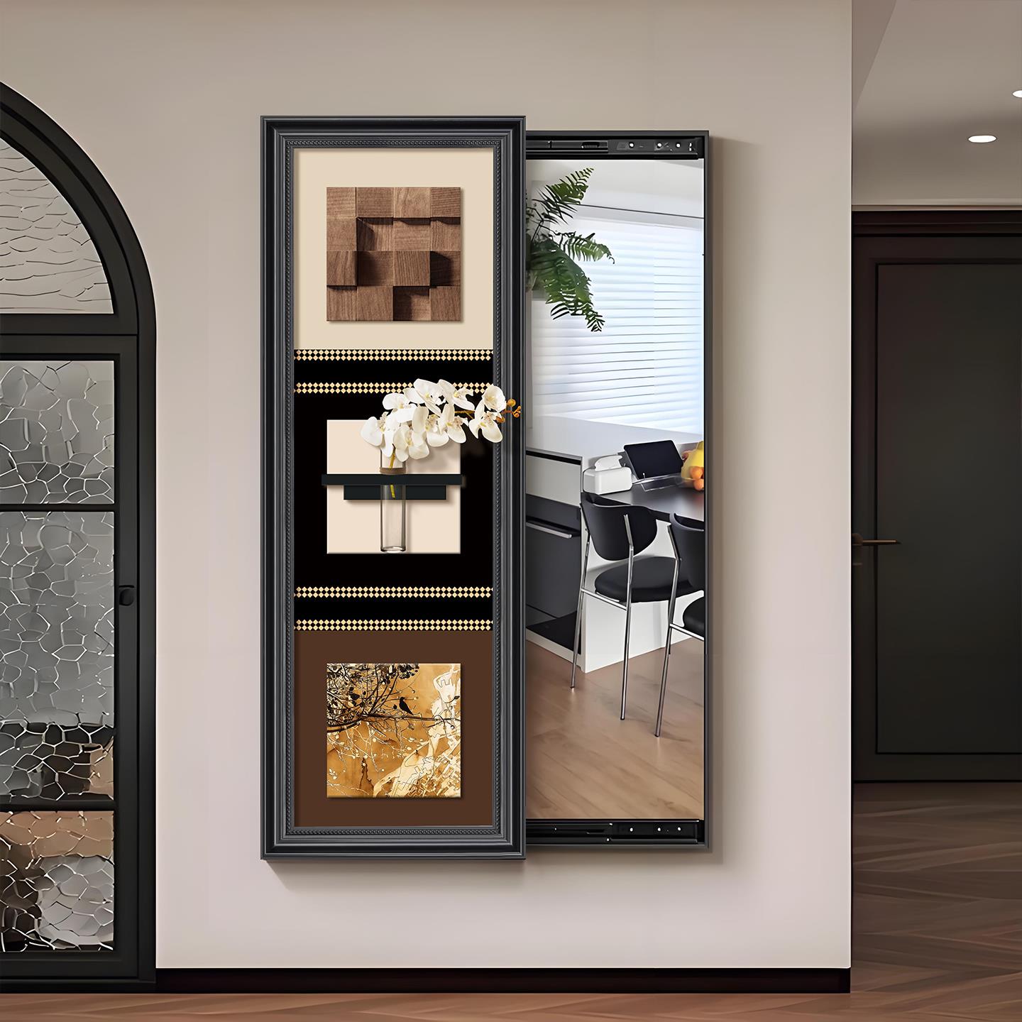 隐藏式全身穿衣镜可推拉壁画中古风2025新款水培绿植装饰画镜子画