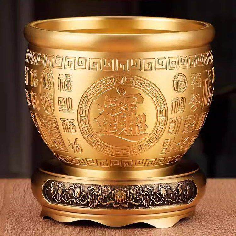 百福铜缸招财进宝聚宝盆纯黄铜米缸客厅摆件家居特大号聚财存钱罐,家居饰品,装饰摆件,淘宝优惠券,粉丝福利购,淘宝优惠卷