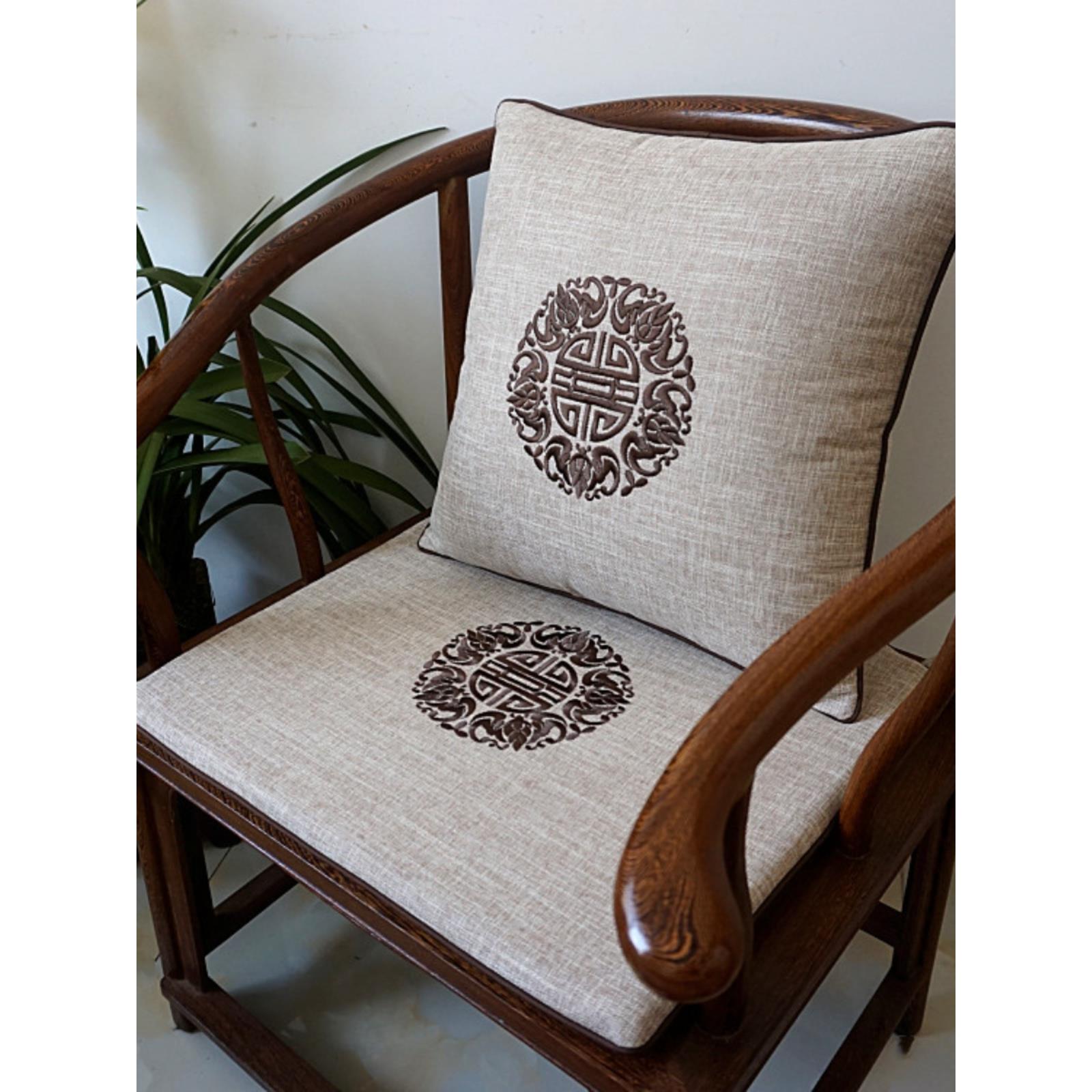 中式圈椅垫靠垫亚麻绣花抱枕含芯方形靠枕套腰靠沙发靠背车内腰枕