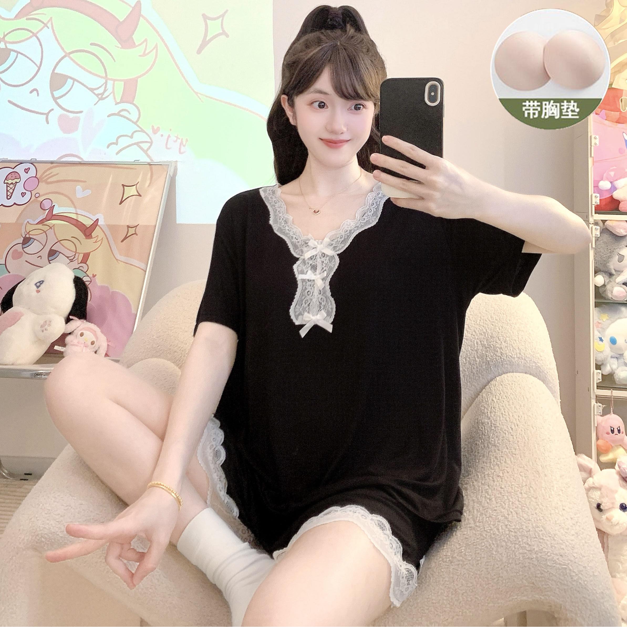 睡衣女士夏季莫代尔短袖短裤带胸垫蕾丝大尺码胖MM200斤家居服套