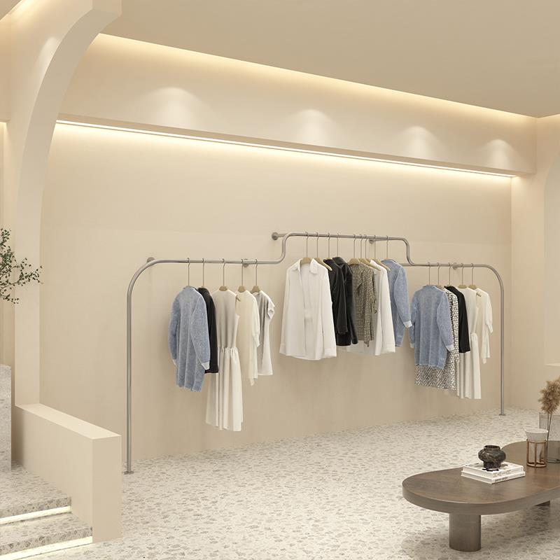 服装店创意双层衣服架银色不锈钢挂衣架女装货架落地式上墙展示架