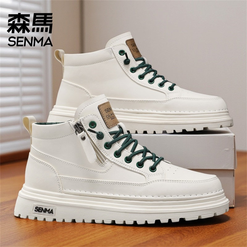 森马高帮白色厚底增高男板鞋