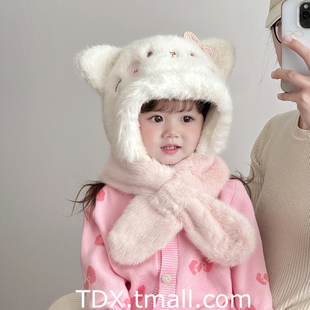 儿童帽子围巾一体帽秋冬季加厚撞色小猫女童套头帽户外宝宝护耳帽