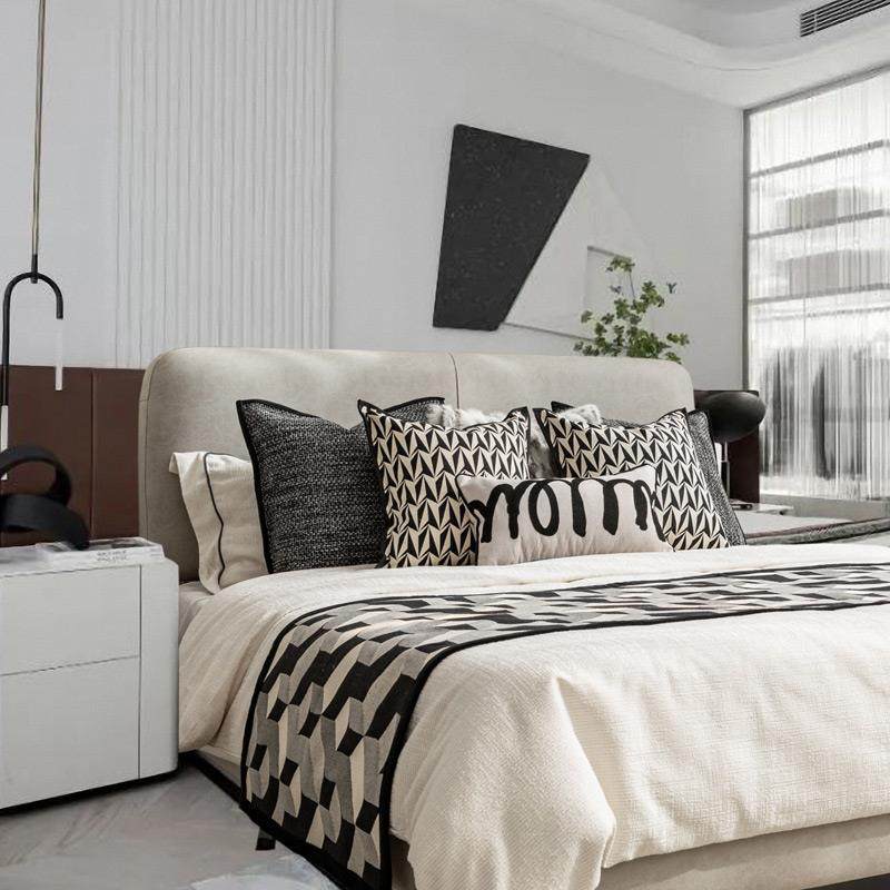 现代简约轻奢样板房软装床品黑白几何棉麻提花床旗床尾巾抱枕靠垫
