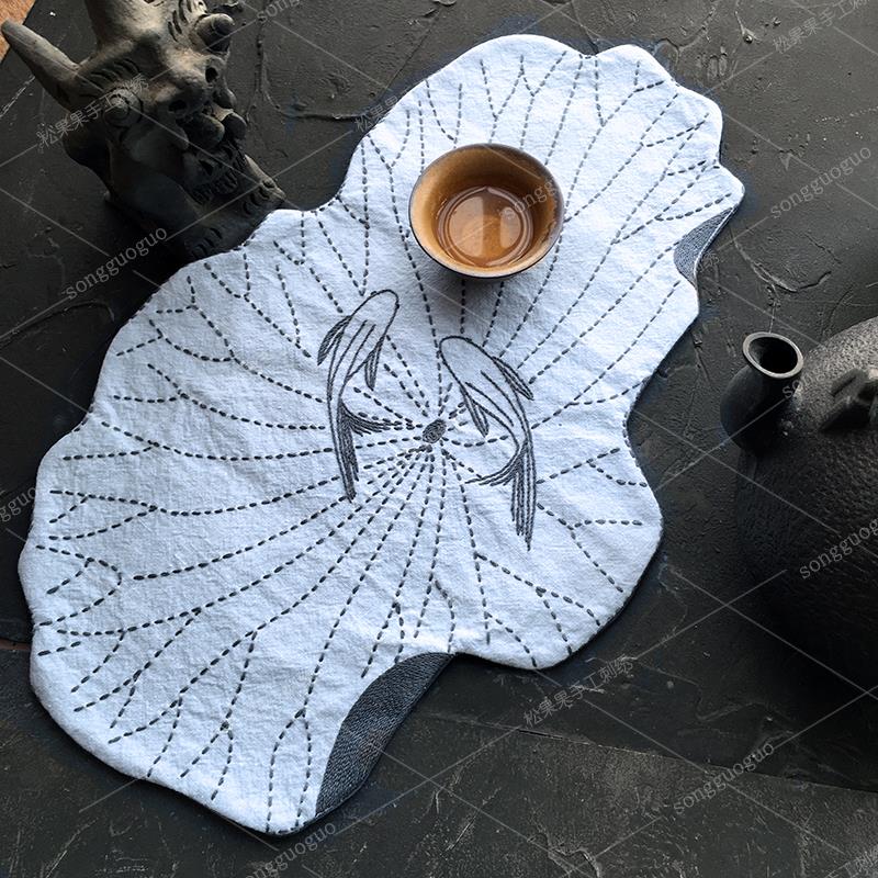 鱼戏荷手工DIY刺子绣新手初学创意布艺欧绣绣花茶席套装材料包