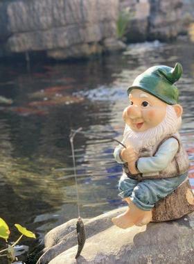 阳台花园装饰庭院布置可爱卡通摆件钓鱼精灵户外水池假山装饰造景