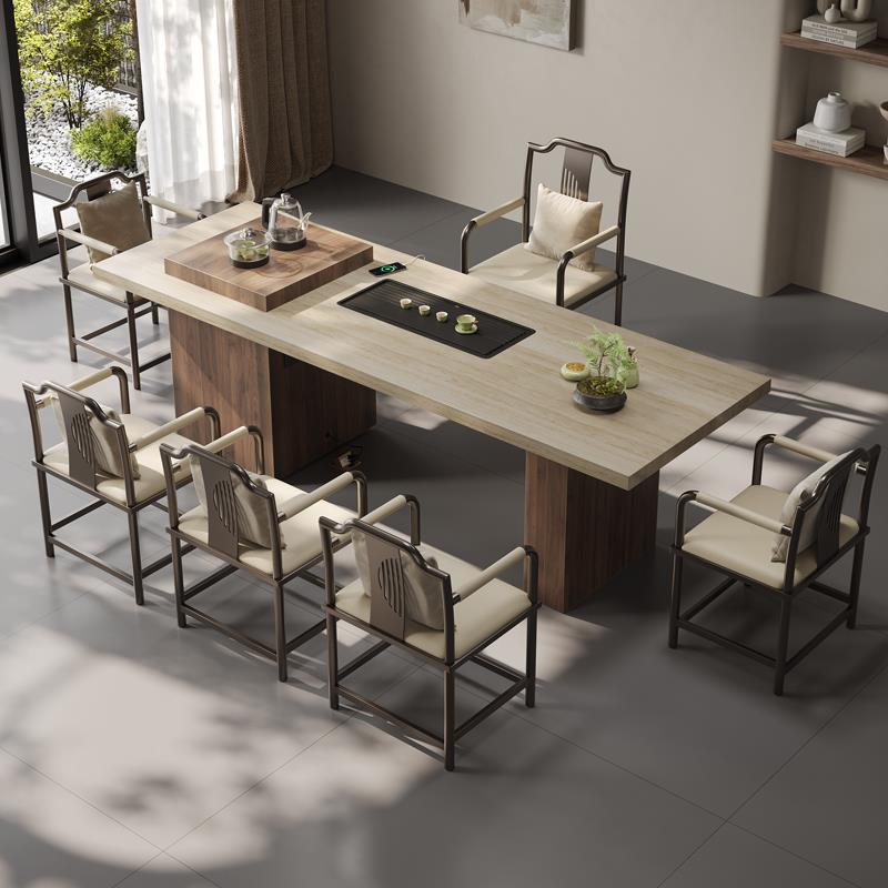 中古风茶桌椅组合现代木纹岩板茶台高级感茶台桌一桌五椅办公室