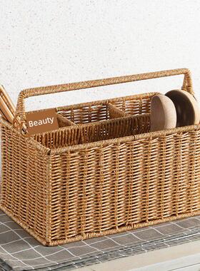 矩形挎包工具篮彷藤大杂物仓篮餐厅酒店多功能存储勺子和筷子蓝色